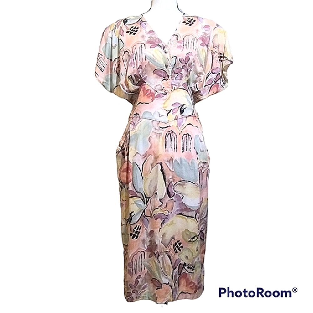 VINTAGE ST. MICHAEL PASTEL PRINT DOLMAN SLEEVE DRESS LOVELY SCENIC FLORAL
